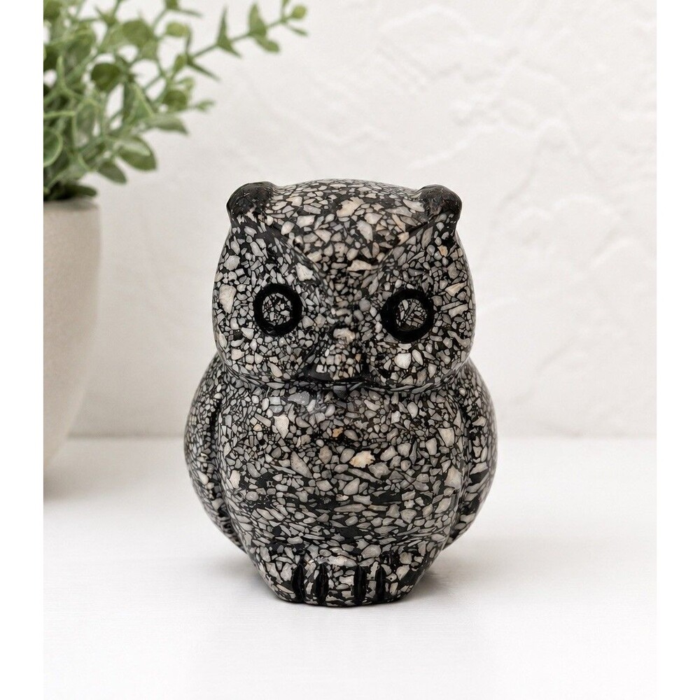 Vintage Sno-Stone Horned Owl Paperweight Figurine Canada Black White Speckled 3"